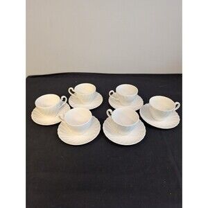 Johnson Brothers White Ironstone Teacups & Saucers Set of 6 Swirl Fluted England